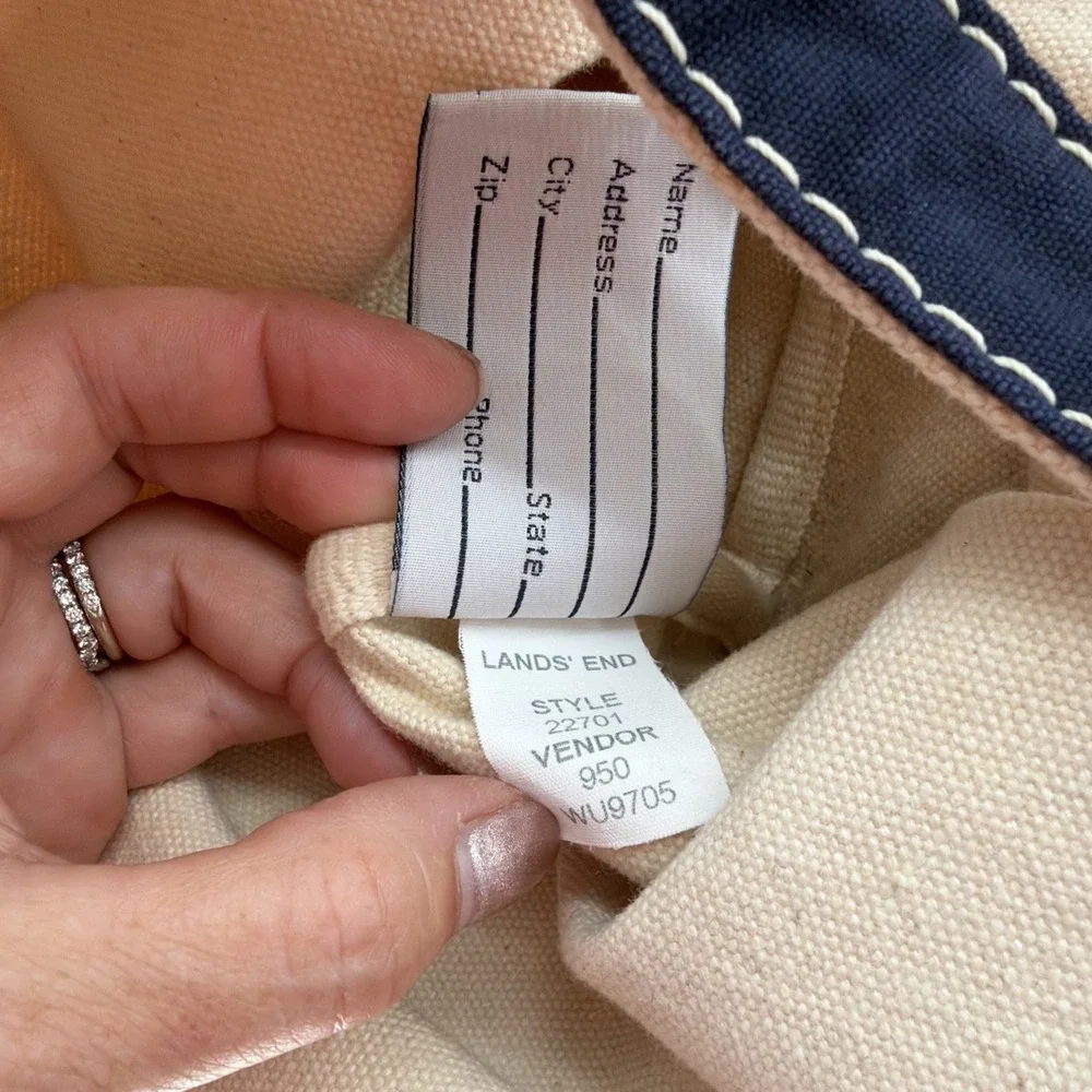 Lands End White Navy Canvas Boat Tote Bag Beach  XLarge  23x16 Made USA Vtg 90s